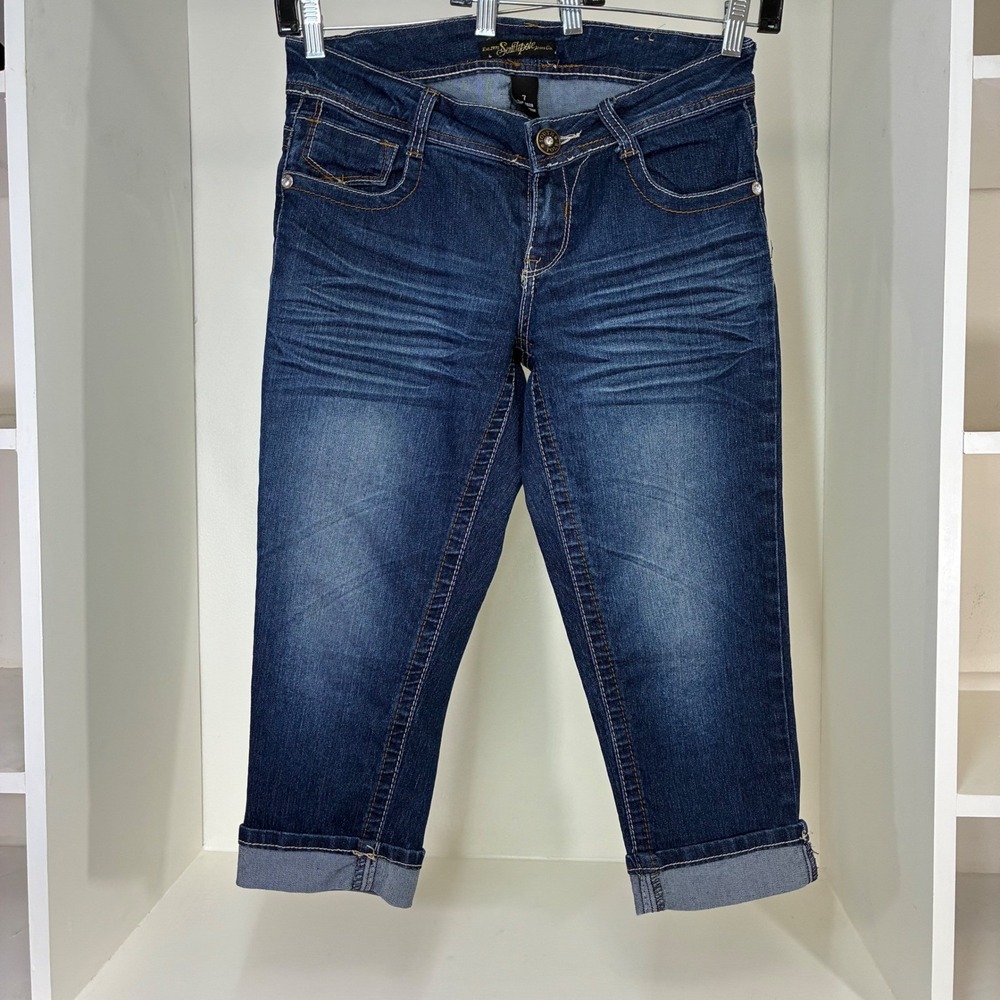 Southpole Womens‎ Dark Wash Embellished Studded Denim Capri Jeans Blue Size 7